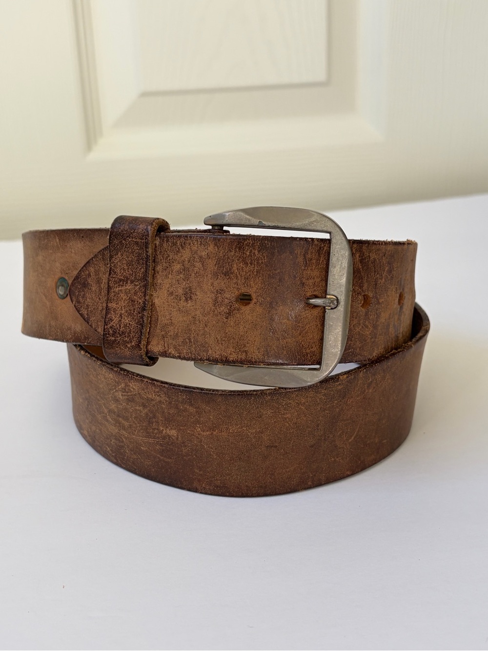 Vintage Oil Rubbed Leather Belt Size 36 Matte Silvertone Buckle Workwear